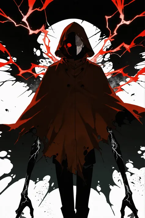 Ugly, long body, thin face, decaying skin,  faceless, thin arms, alone, male, undead, red energy veins, very old skin, Cracked skin, red black eye, round red eyes, faceless,  Pale and sickly skin, thick dirty Red cape/poncho with holes and a dirty interior...