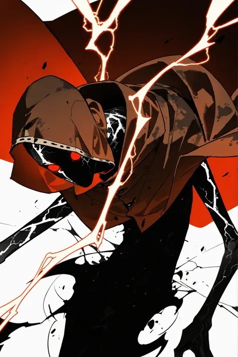 Ugly, long body, thin face, decaying skin,  faceless, thin arms, alone, male, undead, red energy veins, very old skin, Cracked skin, red black eye, round red eyes, faceless,  Pale and sickly skin, thick dirty Red cape/poncho with holes and a dirty interior...