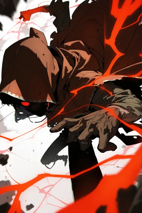 Ugly, thin face, decaying skin,  faceless, thin arms, alone, male, undead, red energy veins, very old skin, Cracked skin, red black eye, round red eyes, faceless,  Pale and sickly skin, thick dirty Red cape/poncho with holes and a dirty interior with edges...