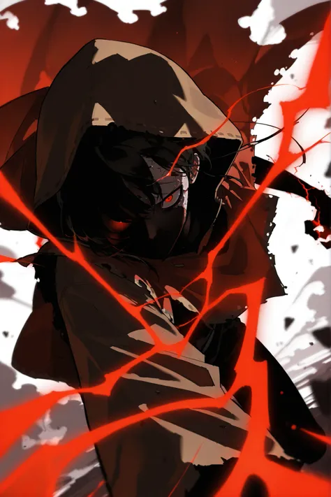 Ugly, thin face, decaying skin,  faceless, thin arms, alone, male, undead, red energy veins, very old skin, Cracked skin, red black eye, round red eyes, faceless,  Pale and sickly skin, thick dirty Red cape/poncho with holes and a dirty interior with edges...