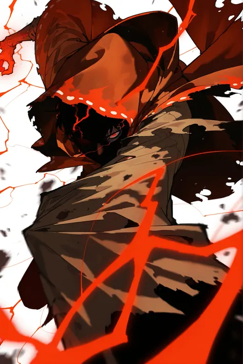 Ugly, thin face, decaying skin,  faceless, thin arms, alone, male, undead, red energy veins, very old skin, Cracked skin, red black eye, round red eyes, faceless,  Pale and sickly skin, thick dirty Red cape/poncho with holes and a dirty interior with edges...