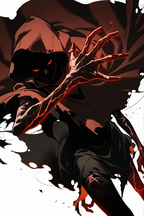 Ugly, thin face, decaying skin,  faceless, thin arms, alone, male, undead, red energy veins, very old skin, Cracked skin, red black eye, round red eyes, faceless,  Pale and sickly skin, thick dirty Red cape/poncho with holes and a dirty interior with edges...