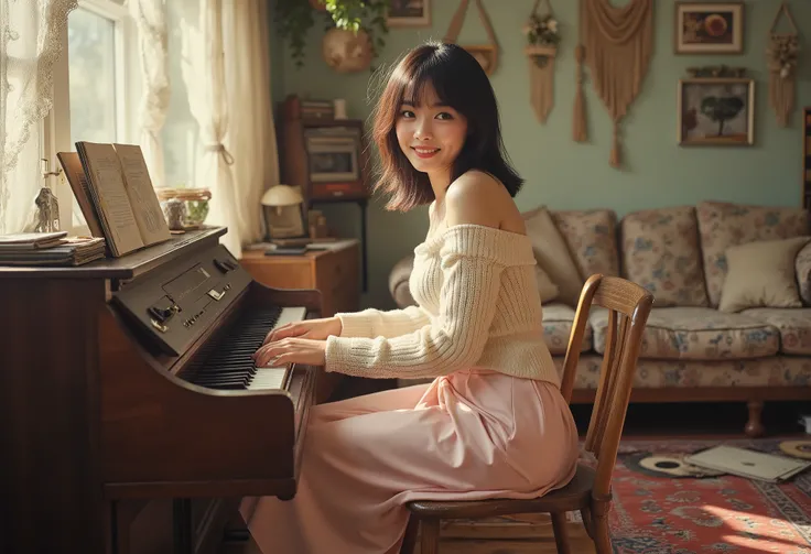 Intimate boho apartment living‑room jam, macramé wall hangings, vinyl records strewn around, female pianist at upright piano, bare feet on patterned rug — cream knit off‑shoulder sweater, pastel pink satin midi‑skirt, tousled half‑up hair, minimal makeup ,...