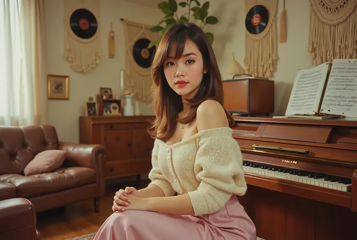 Intimate boho apartment living‑room jam, macramé wall hangings, vinyl records strewn around, female pianist at upright piano, bare feet on patterned rug — cream knit off‑shoulder sweater, pastel pink satin midi‑skirt, tousled half‑up hair, minimal makeup ,...