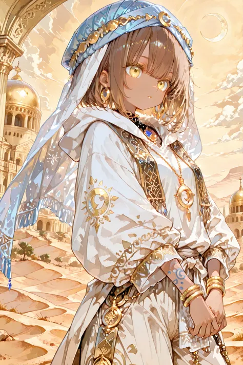 (ima_AI123,) The sorceress is a jeweler, a master of artifacts. She has tanned dark skin covered with ornate blue tattoos. She has dark-brown shorty haircut with a copper sheen. She has golden lips, bronze eyes and long dramatic eyelashes. She wears a des...