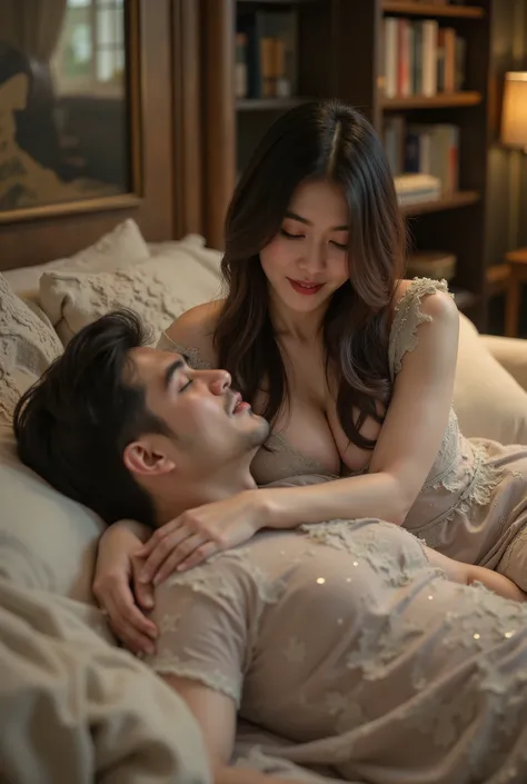 :
"A peaceful scene of a man resting his head on a woman's lap. The woman sits gracefully on a cozy couch, gently running her fingers through his hair with a serene and caring expression. The man has his eyes closed, appearing relaxed and comforted., and t...