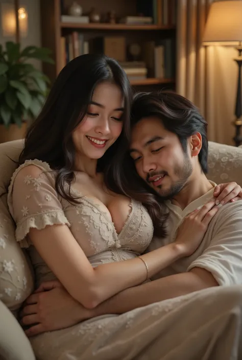 :
"A peaceful scene of a man resting his head on a woman's lap. The woman sits gracefully on a cozy couch, gently running her fingers through his hair with a serene and caring expression. The man has his eyes closed, appearing relaxed and comforted., and t...