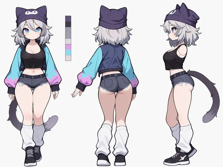 (masterpiece, detailed:1.2), c4toony style, 1girl, animal ear headwear, animal tail, ass, beanie, black shoes, black tank top, blue eyes, blue jacket, breasts, cat ears, cat girl, cat tail, character sheet, cleavage, cropped tank top, denim, denim short sh...