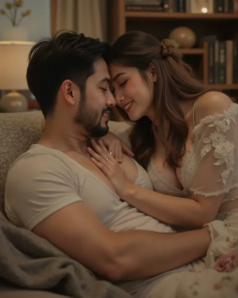 :
"A peaceful scene of a man resting his head on a woman's lap. The woman sits gracefully on a cozy couch, gently running her fingers through his hair with a serene and caring expression. The man has his eyes closed, appearing relaxed and comforted., and t...