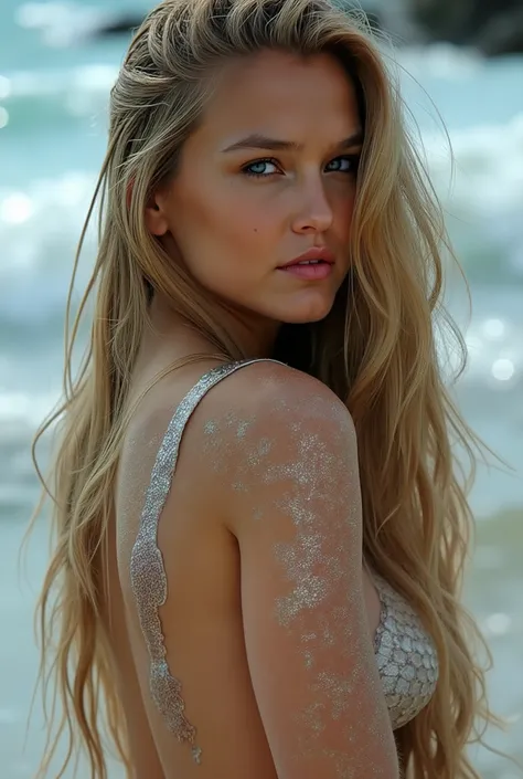 Oceanic beauty with glowing fishtail, delicate scales shimmer on the skin, long wet blonde hair flows over shoulders, reveals sparkling skin, detailed facial features, perfektes Makeup, dramatic ocean waves in the background