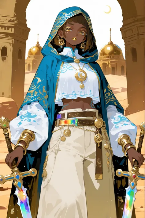 (0__11Xx_illu,duobaan,) The sorceress is a jeweler, a master of artifacts. She has tanned dark skin covered with ornate blue tattoos. She has dark-brown shorty haircut ((boy's crewcut)) with a copper sheen. She has golden lips, bronze eyes and long dramat...