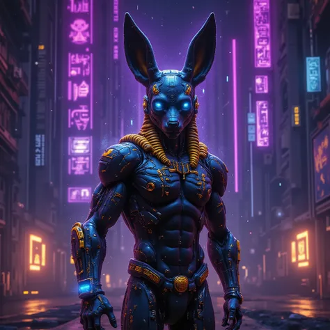 Anubis,  the Egyptian god of the dead , representado de forma ultra-realistic y futurista, with an athletic body and a shiny black jackal's head with gold details and eyes that emit neon blue light. You are in an Egyptian cyberpunk scene illuminated by neo...