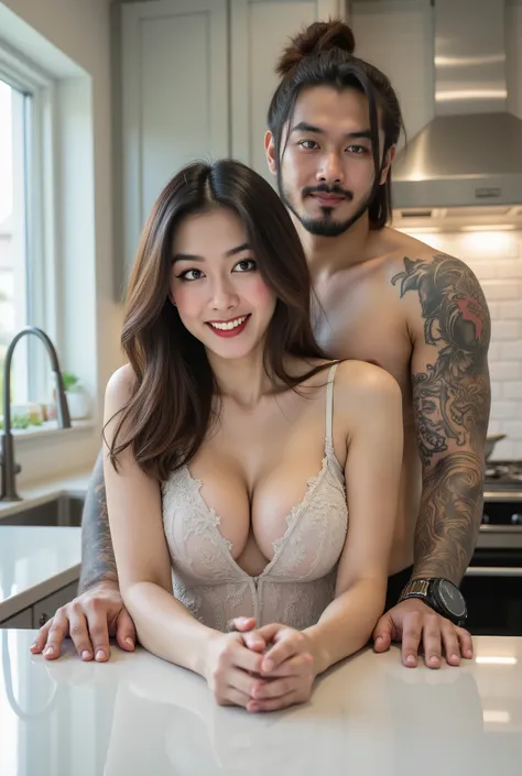 A **striking, photorealistic portrait** of an attractive couple standing in a **modern, bright kitchen**.

The **woman** is in the **foreground**, facing the camera directly. She has **medium-length, wavy brown hair** and intense, light-colored eyes. She i...