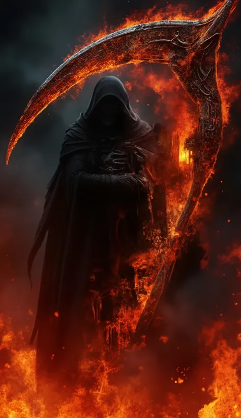 Dark cinematic poster featuring a terrifying Grim Reaper in a black hood, his skeletal face half hidden in shadows. In his massive scythe blade, a vivid double exposure reveals the reflection of Hell — burning landscapes, tormented souls, flames rising lik...