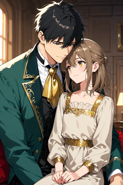 1girl, 1boy, original,
1boy, handsome man, (mature male:0.4), khaki eyes, (brown eyes, yellow eyes:0.5), black hair, (short hair:0.4), (spiky hair:0.9) (hair between eyes:1.2), bangs, elegant, gentle, butler, (confident expression:0.2), dark green coat, l...