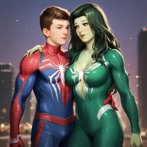 Peter Park stands next to the  She-Hulk, who is dressed as Spider-Man, and they appear to be a team