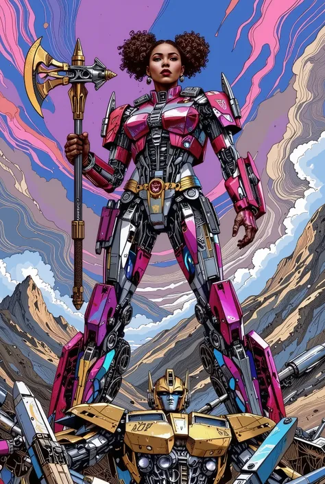 Create a cyberpunk transforner glitch art version of Optimus Prime as a female autobot with a medium torso and a height of 20 meters, with african american hair thats in 2 buns and a gap-toothed smile beaming across her 35 year old visage while standing ta...