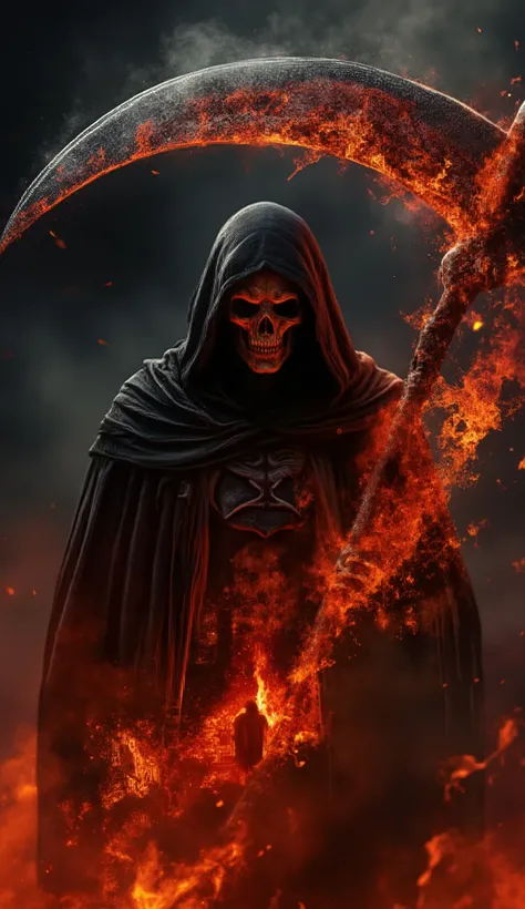 Dark cinematic poster featuring a terrifying Grim Reaper in a black hood, his skeletal face half hidden in shadows. In his massive scythe blade, a vivid double exposure reveals the reflection of Hell — burning landscapes, tormented souls, flames rising lik...