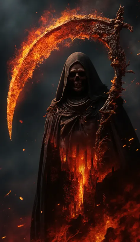 Dark cinematic poster featuring a terrifying Grim Reaper in a black hood, his skeletal face half hidden in shadows. In his massive scythe blade, a vivid double exposure reveals the reflection of Hell — burning landscapes, tormented souls, flames rising lik...