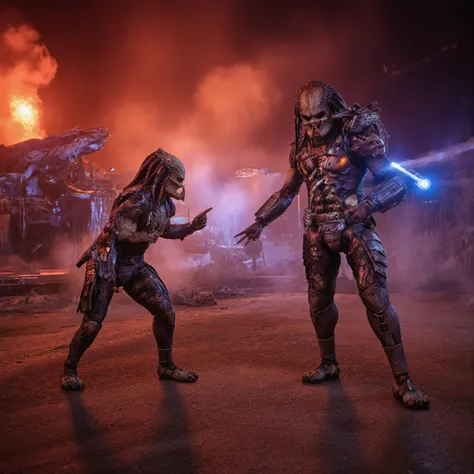 people, stranded on a deserted island. There are predators and aliens.overdetailed, ( realistic , photo- realistic :1.37), Predator Hunter from the movie Fantastic Race of Predators, Planet Mercury , armor, Detailed characters , Distinctive features, ...