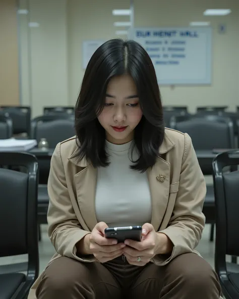 A high-resolution cinematic photograph of a 30-year-old indonesia woman seated in a waiting chair row inside an examination hall moments before questions are distributed, her East Asian features illuminated by soft neutral overhead lighting; she wears a be...