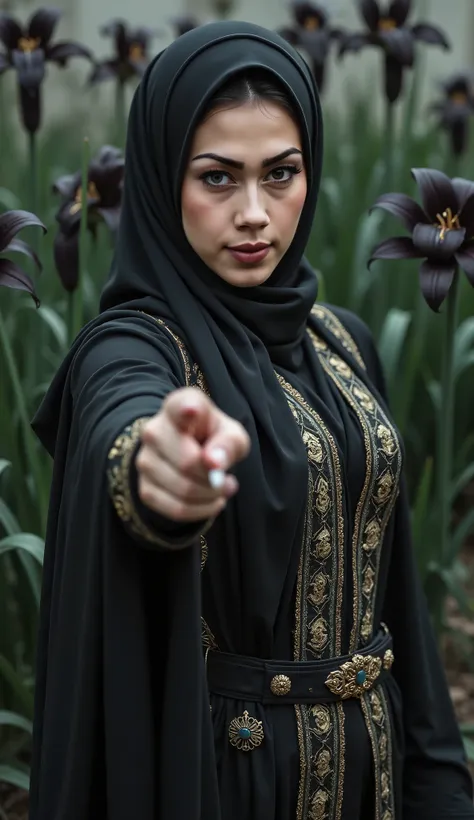 A woman wearing hijab, no hair visible, full of ornament, wearing a magnificent robe, beautiful eyes, different eyes color, Facing the camera gracefully, one hand pointing camera, black Lily on the background. Creepy atmosphere, masterpiece, royal aura