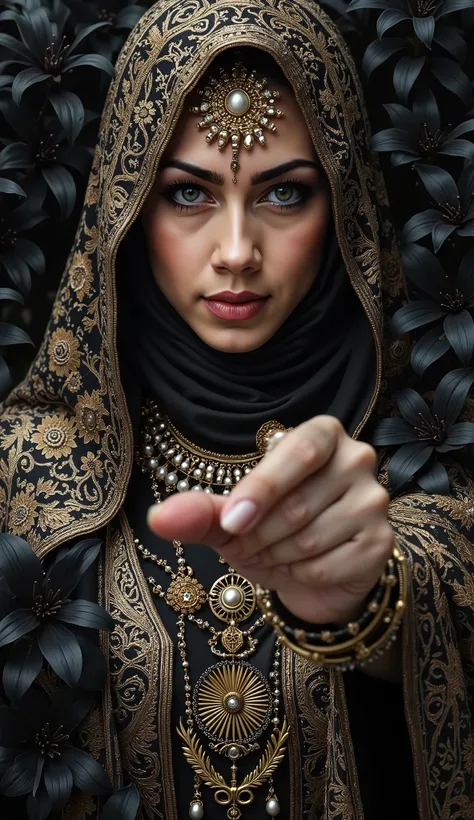 A woman wearing hijab, no hair visible, full of ornament, wearing a magnificent robe, beautiful eyes, different eyes color, Facing the camera gracefully, one hand pointing camera, black Lily on the background. Creepy atmosphere, masterpiece, royal aura