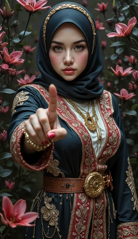 A woman wearing hijab, no hair visible, full of ornament, wearing a magnificent robe, beautiful eyes, different eyes color, Facing the camera gracefully, one hand pointing camera, black Lily on the background. Creepy atmosphere, masterpiece, royal aura