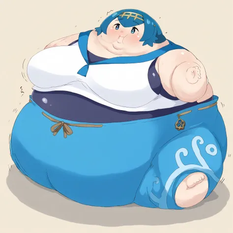 1lana1, blue hair, short hair, blue eyes, 2default2, yellow hairband, swimsuit under clothes, white shirt, sleeveless shirt, sailor collar, blue pants, baggy pants, , fat, chubby, obese, gigantic arms and legs, large breasts, sweating, wet body, swollen f...