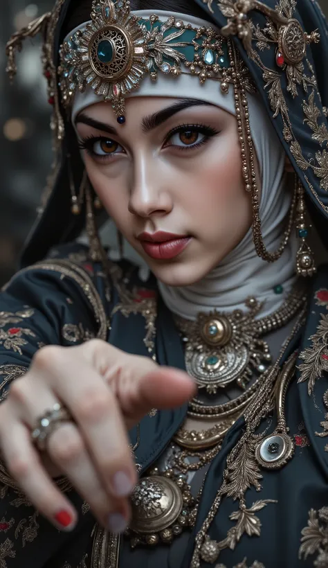 A woman wearing hijab, no hair visible, full of ornament, wearing a magnificent robe, beautiful eyes, different  eyes color, Facing the camera gracefully, one hand pointing camera, black Lily on the background. Creepy atmosphere, masterpiece, royal aura 