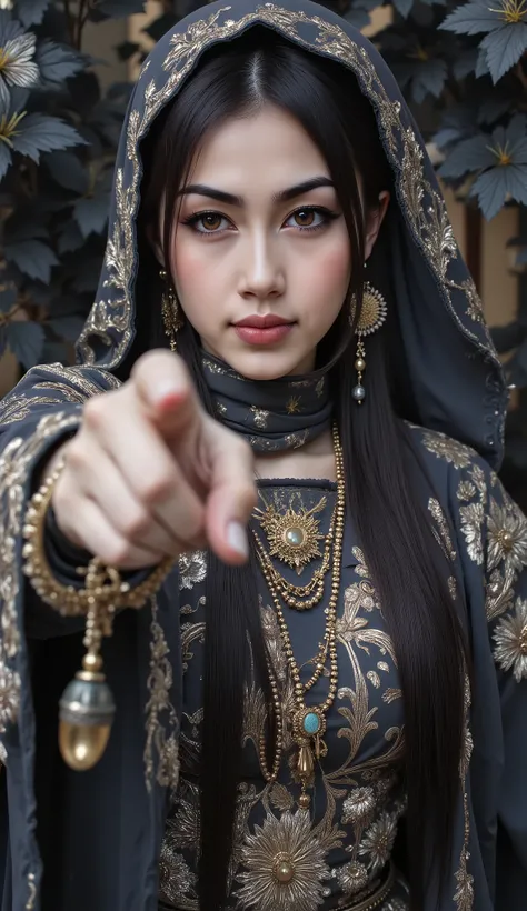 A woman wearing hijab, no hair visible, full of ornament, wearing a magnificent robe, beautiful eyes, different  eyes color, Facing the camera gracefully, one hand pointing camera, black Lily on the background. Creepy atmosphere, masterpiece, royal aura 
