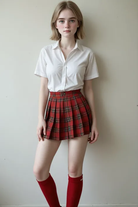 A (gorgeous young woman:1.3) leans against a white tiled wall, wearing an elegant school uniform, full subject in view, studio photoshoot, in perfect lighting, centered framing, neutral background, minimalism.
(Petite woman:1.3), (dirty blonde hair:1.3), ...
