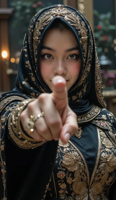 A woman wearing hijab, no hair visible, full of ornament, wearing a magnificent robe, beautiful eyes, different eyes color, Facing the camera gracefully, one hand pointing camera, black Lily on the background. Creepy atmosphere, masterpiece, royal aura