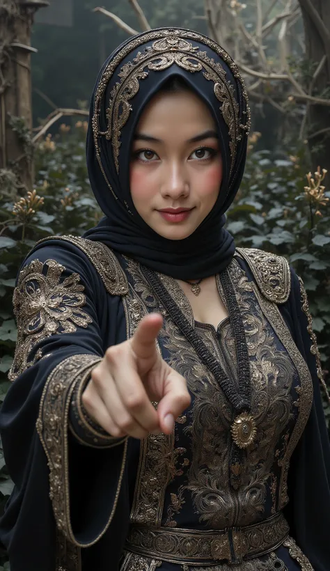 A woman wearing hijab, no hair visible, full of ornament, wearing a magnificent robe, beautiful eyes, different  eyes color, Facing the camera gracefully, one hand pointing camera, black Lily on the background. Creepy atmosphere, masterpiece, royal aura 