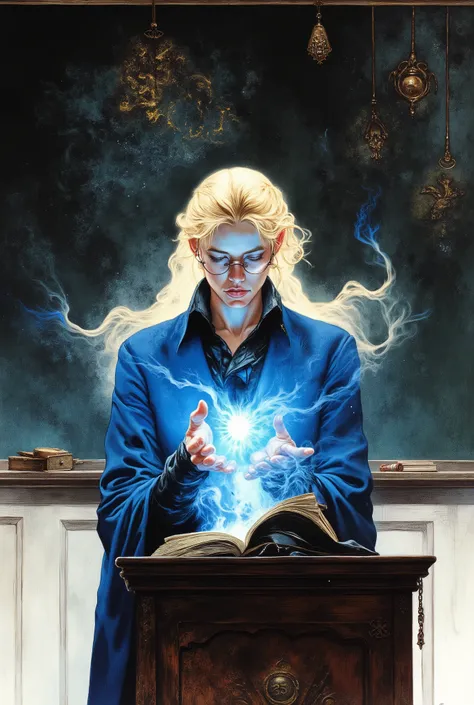ArsMJStyle, Colored pencil hyperdetailed realism,,ArsMJStyle, Etherial Gothic,,A blonde fairy professor with glasses standing before a blackboard in an ethereal white classroom. She is demonstrating a blue magic spell. Blue magic light and smoke dancing be...
