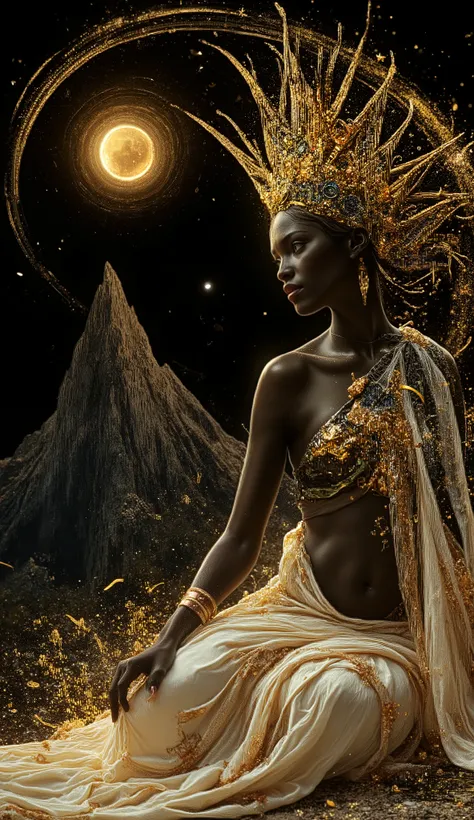 A divine ebony enchantress seated at the feet of Mount Kilimanjaro, bare belly shimmering like obsidian kissed by dawn. Wearing a flowing dress layered with creams, gold foil, copper foil and sapphire accents, sculpted couture glass textures. Fusion of Kan...