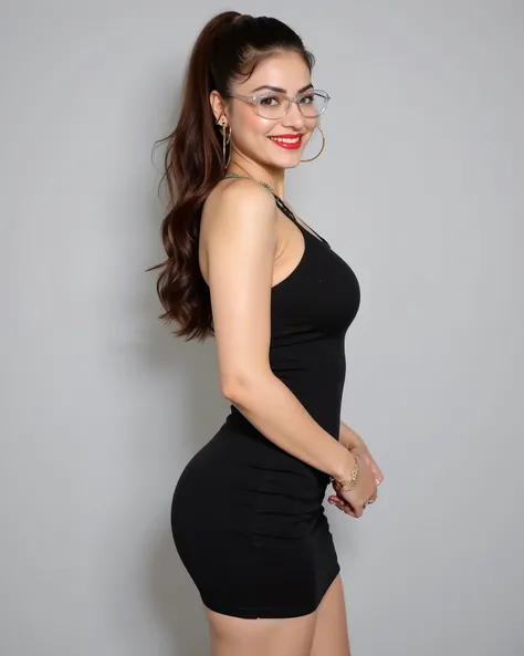 , Photographed from side, Full body image of a 20-year-old Indian girl with smiling look, fair skin tone, light grey eyes, fox eyelashes, thin eyebrows, black eye liner, silver eyeshadow, natural blush, and red lipstick. Her hairs are long, brown, wavy and...