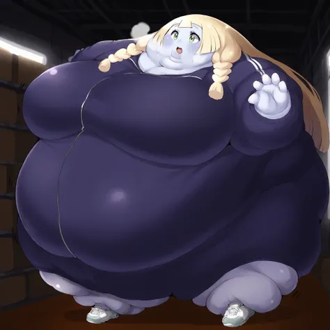 aalillie, long hair, blonde hair, twin braids, green eyes, warehouse, turning into a blueberry, blue skin, Violet skin, tracksuit, shoes, fat, chubby, obese, fat neck, multiple chins, big breasts open mouth, out of breath, Larger female, full body shot, on...