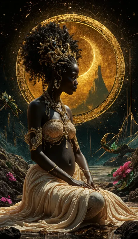 A divine ebony enchantress seated at the feet of Mount Kilimanjaro, bare belly shimmering like obsidian kissed by dawn. Wearing a flowing dress layered with creams, gold foil, copper foil and sapphire accents, sculpted couture glass textures. Fusion of Kan...