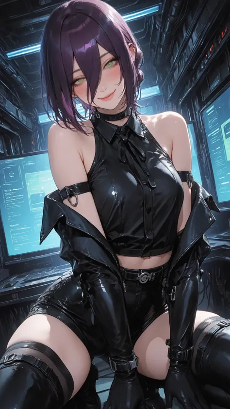 ultra high definition,1girl,reze,green eyes,naughty face,closed mouth,Smile,Blush,fascinated expression,Blush,is embarrassing,looking at me,Exposing shoulders,futuristic outfits,Off Shoulder Jacket,Elbow-length long gloves with a tight waist,black knee-hig...
