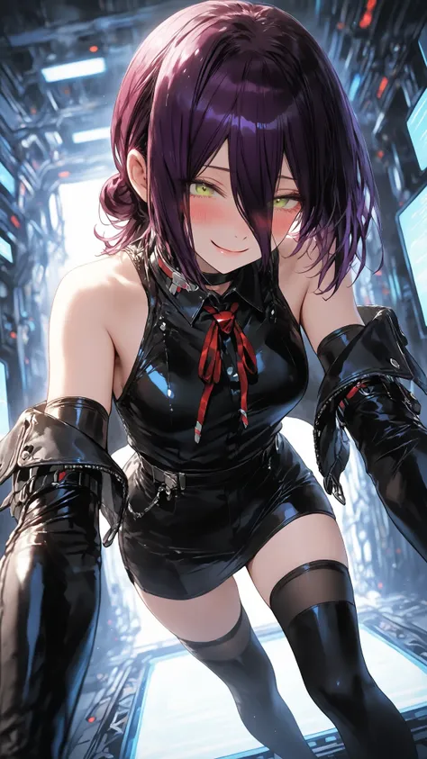 ultra high definition,1girl,reze,green eyes,naughty face,closed mouth,Smile,Blush,fascinated expression,Blush,is embarrassing,looking at me,Exposing shoulders,futuristic outfits,Off Shoulder Jacket,Elbow-length long gloves with a tight waist,black knee-hig...