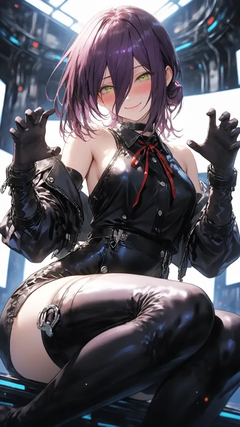ultra high definition,1girl,reze,green eyes,naughty face,closed mouth,Smile,Blush,fascinated expression,Blush,is embarrassing,looking at me,Exposing shoulders,futuristic outfits,Off Shoulder Jacket,Elbow-length long gloves with a tight waist,black knee-hig...