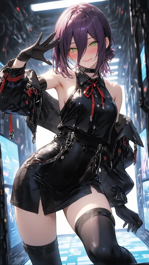 ultra high definition,1girl,reze,green eyes,naughty face,closed mouth,Smile,Blush,fascinated expression,Blush,is embarrassing,looking at me,Exposing shoulders,futuristic outfits,Off Shoulder Jacket,Elbow-length long gloves with a tight waist,black knee-hig...