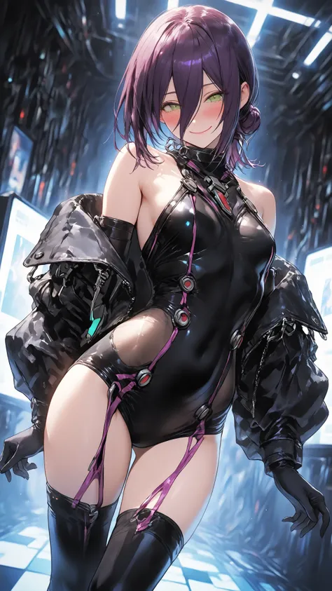 ultra high definition,1girl,reze,green eyes,naughty face,closed mouth,Smile,Blush,fascinated expression,Blush,is embarrassing,looking at me,Exposing shoulders,futuristic see-through bodysuit,Off Shoulder Jacket,Elbow-length long gloves with a tight waist,b...