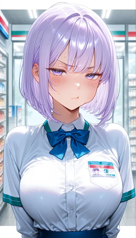 beautiful woman、(((1girl)))、(((high image quality、4K、High Quality、amazing、masterpiece:1.2)))、((pretty face、convenience store clerk、upper body))、(light purple hair、bob cut、Shy、Bust 110cm)、beautiful eyes、beautiful、big eyes、grumpy、Tsundere、blushes cheeks、dyna...