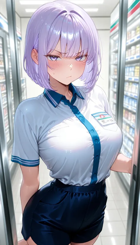 beautiful woman、(((1girl)))、(((high image quality、4K、High Quality、amazing、masterpiece:1.2)))、((pretty face、convenience store clerk))、(light purple hair、bob cut、Shy、Bust 110cm)、beautiful eyes、beautiful、big eyes、grumpy、Tsundere、blushes cheeks、((dynamic angle...
