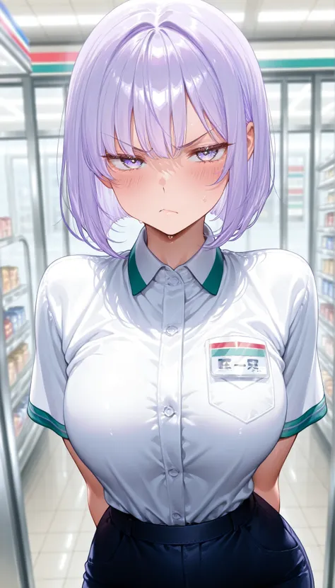 beautiful woman、(((1girl)))、(((high image quality、4K、High Quality、amazing、masterpiece:1.2)))、((pretty face、convenience store clerk))、(light purple hair、bob cut、Shy、Bust 110cm)、beautiful eyes、beautiful、big eyes、grumpy、Tsundere、blushes cheeks、((dynamic angle...