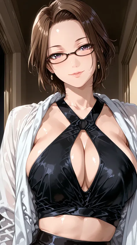 solo, tomoe (accelerando), purple eyes, brown hair, short hair, glasses, mature woman, Tight waist、Small waist、shiny Skin , (upper body), sexy, (adult woman, 25+), score_9, score_8_up, score_7_up, source_anime,(extremely detailed CG), (best quality), Beau...