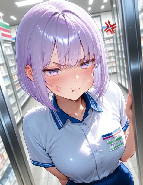 beautiful woman、(((1girl)))、(((high image quality、4K、High Quality、amazing、masterpiece:1.2)))、((pretty face、convenience store clerk))、(light purple hair、bob cut、Shy、Bust 110cm)、beautiful eyes、beautiful、big eyes、grumpy、Tsundere、blushes cheeks、((dynamic angle...