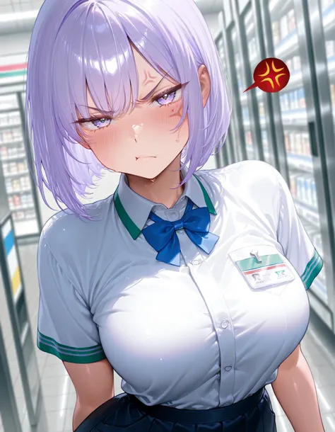beautiful woman、(((1girl)))、(((high image quality、4K、High Quality、amazing、masterpiece:1.2)))、((pretty face、convenience store clerk))、(light purple hair、bob cut、Shy、Bust 110cm)、beautiful eyes、beautiful、big eyes、grumpy、Tsundere、blushes cheeks、((dynamic angle...